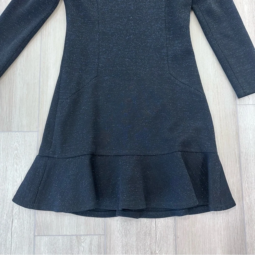 Sandro long sleeve metallic ruffle dress blue black size 1 US small
